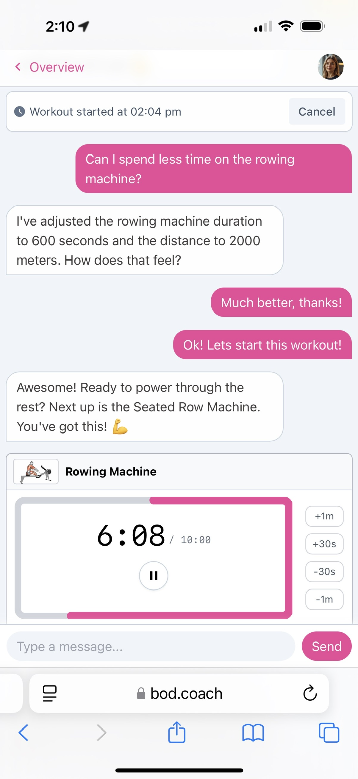 Screenshot showing dynamic workout updates