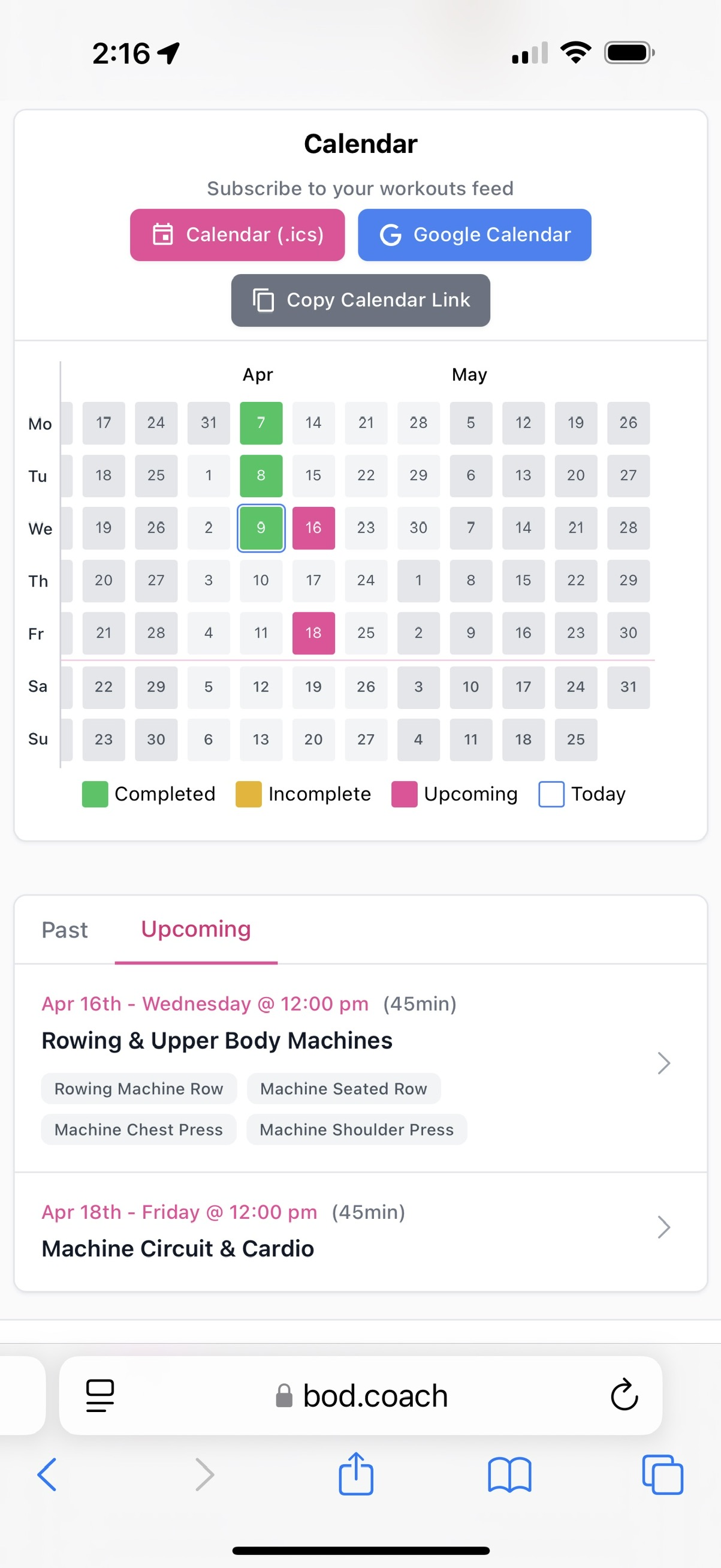 Screenshot showing personalized workout plan